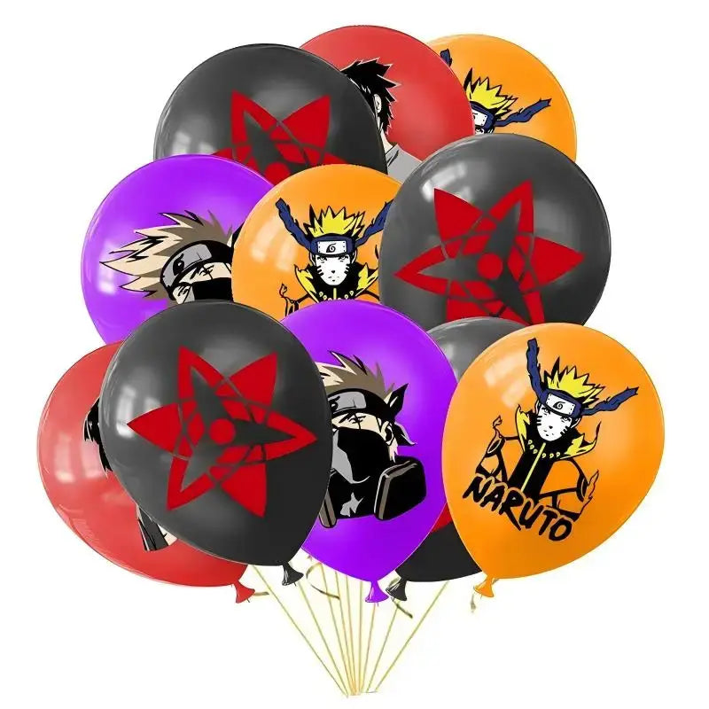 Naruto ninja latex balloon set with colorful character designs and red star patterns in black orange purple and red for parties