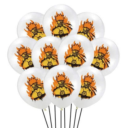 White latex balloons with vibrant orange and black naruto uzumaki illustration for ninja birthday party decor
