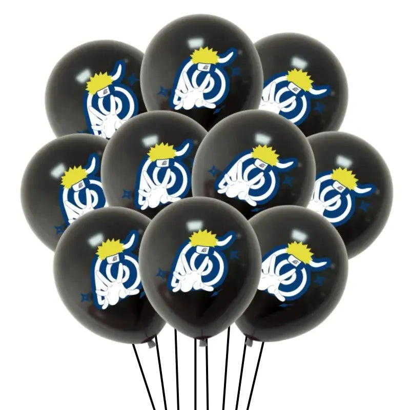Black latex balloons with white and blue naruto uzumaki logo and yellow hair for birthday party decor