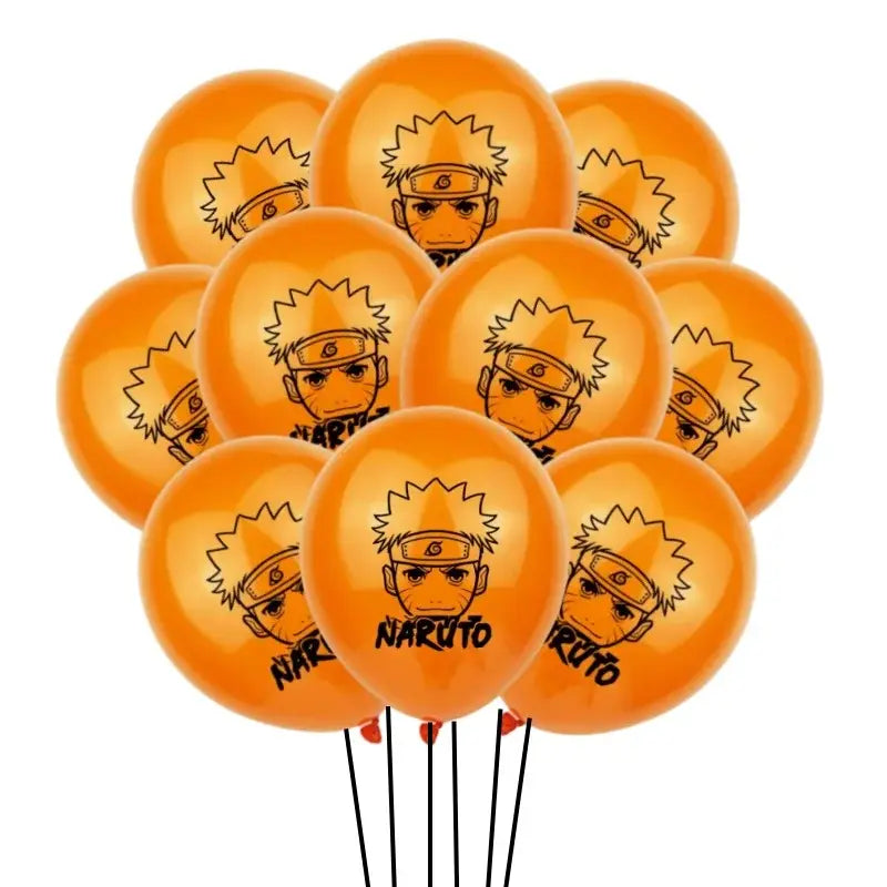 Orange naruto ninja latex balloon set with black line art of naruto uzumaki face and printed name for birthday decor