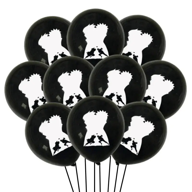 Black latex balloon set featuring white ninja character silhouettes in dynamic poses for naruto birthday decor