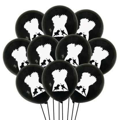 Black latex balloon set featuring white ninja character silhouettes in dynamic poses for naruto birthday decor