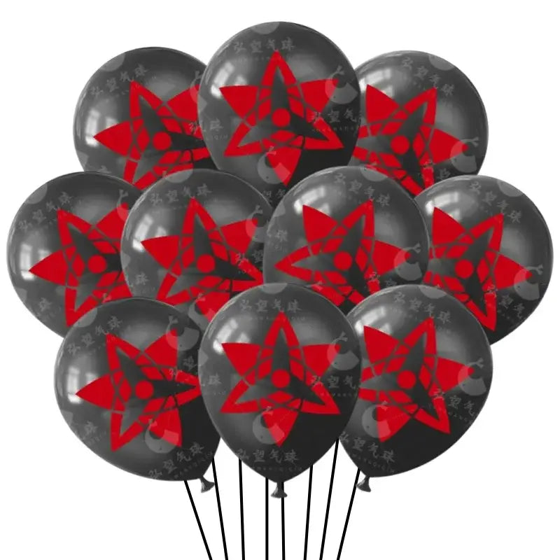 Black latex naruto ninja balloons with red ninja star designs and subtle chinese characters for birthday party decor