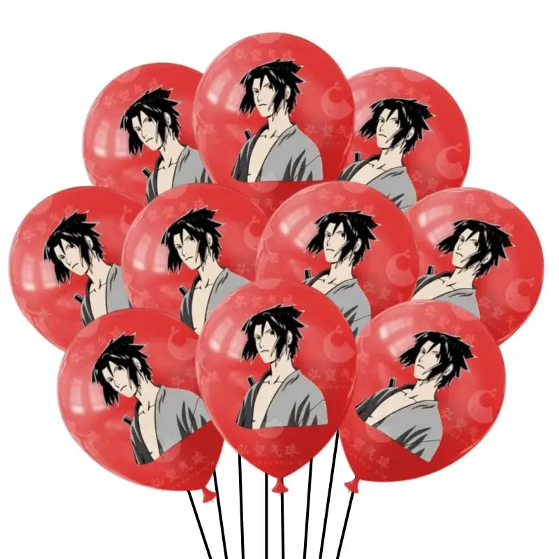 Red latex balloons with printed sasuke uchiha illustration in grey robe for naruto ninja birthday party decor