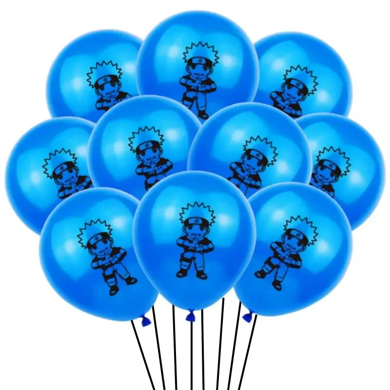 Bright blue latex balloons with black naruto uzumaki illustration for birthday party decor
