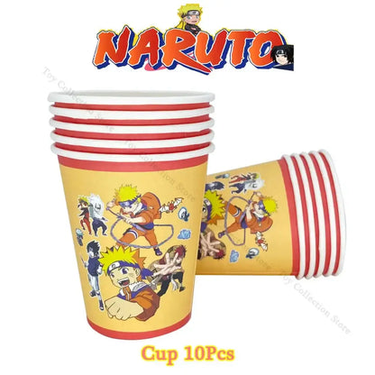 Yellow paper cups with red rims featuring naruto characters in action poses from a naruto party supplies set