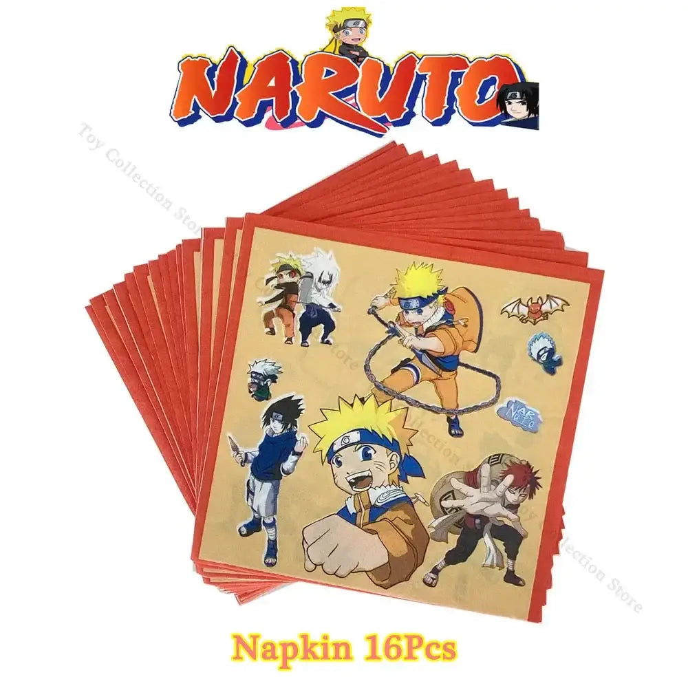 Red-bordered naruto party supplies set napkins with colorful naruto sasuke and kakashi illustrations on beige background