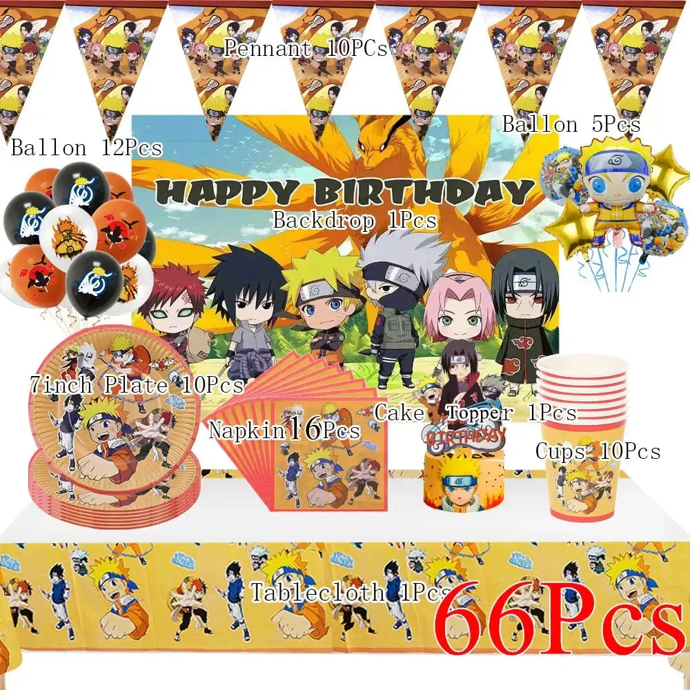 Naruto party supplies set with colorful paper plates cups and napkins featuring vibrant character illustrations