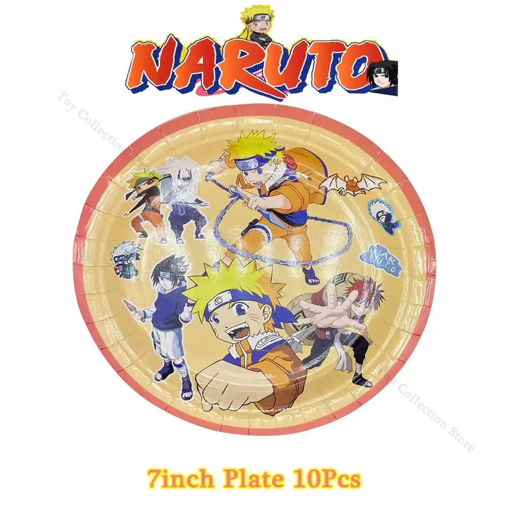 A 7-inch paper plate with colorful naruto characters and a red rim from a naruto party supplies set