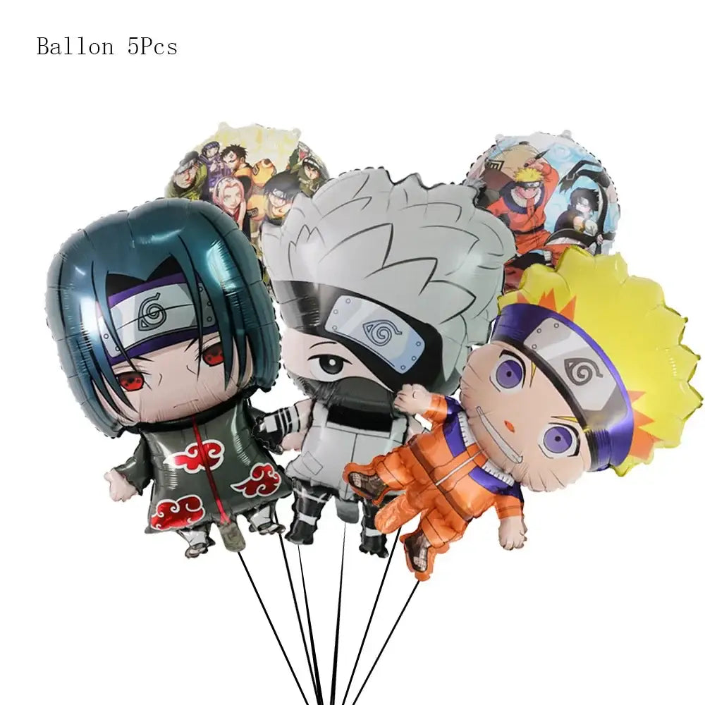 Set of five metallic foil balloons featuring chibi-style naruto characters for a naruto party supplies set