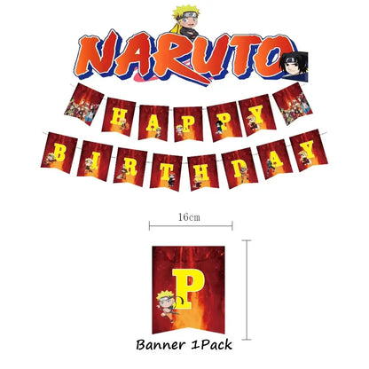 Naruto party supplies set banner with fiery red and orange background featuring naruto uzumaki and sasuke uchiha flags
