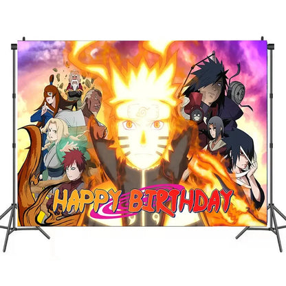 Naruto party supplies set backdrop with vibrant orange and purple flames and characters in dynamic poses for birthdays