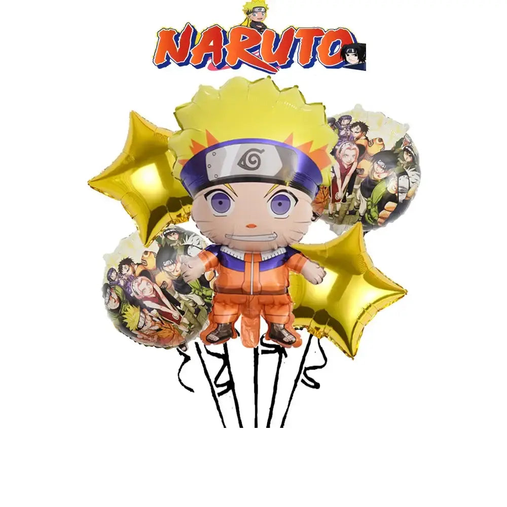 A shiny gold foil balloon bouquet with chibi naruto and star-shaped balloons for naruto party supplies set