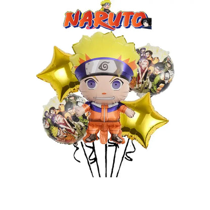A shiny gold foil balloon bouquet with chibi naruto and star-shaped balloons for naruto party supplies set