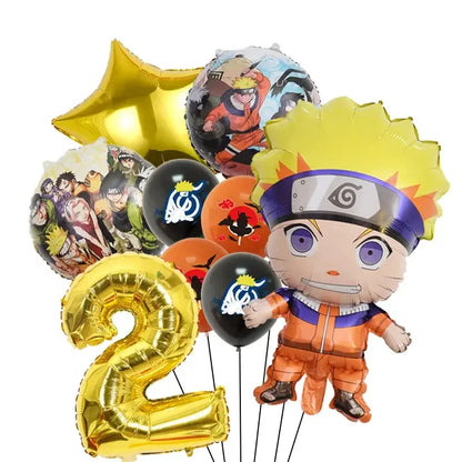 A shiny gold foil balloon shaped like number 2 with metallic finish included in naruto party supplies set