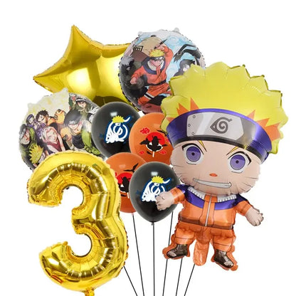 A shiny gold foil balloon number 3 included in the naruto party supplies set for birthdays and celebrations