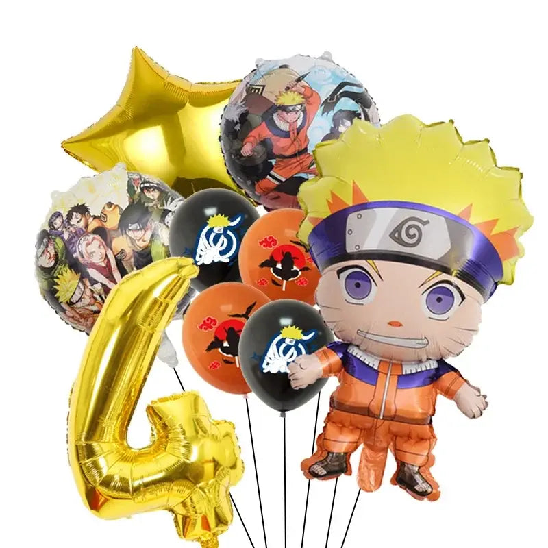 A shiny gold foil balloon shaped like the number four for naruto party supplies set with plates cups and napkins