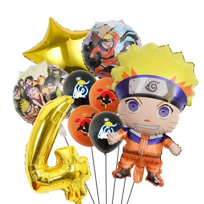 A shiny gold foil balloon shaped like the number four for naruto party supplies set with plates cups and napkins