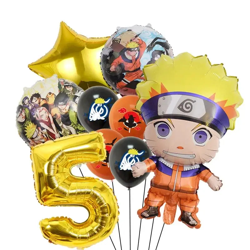 A shiny gold foil balloon shaped like the number five included in a naruto party supplies set for celebrations
