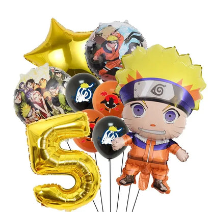 A shiny gold foil balloon shaped like the number five included in a naruto party supplies set for celebrations