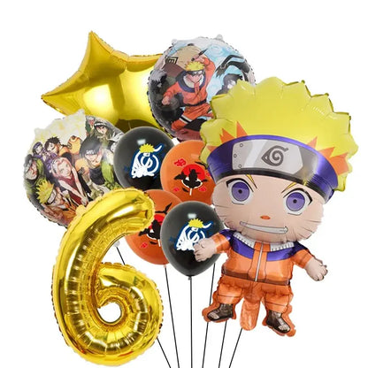 A shiny gold foil balloon shaped like number six for naruto party supplies set including plates cups and napkins
