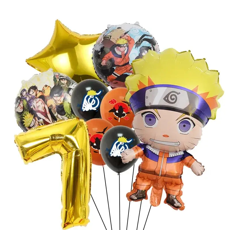 A shiny gold foil balloon shaped like the number 7 included in a naruto party supplies set for celebrations