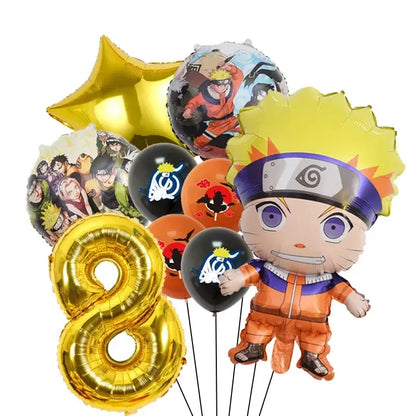 A shiny gold number eight balloon included in the naruto party supplies set for birthday decorations