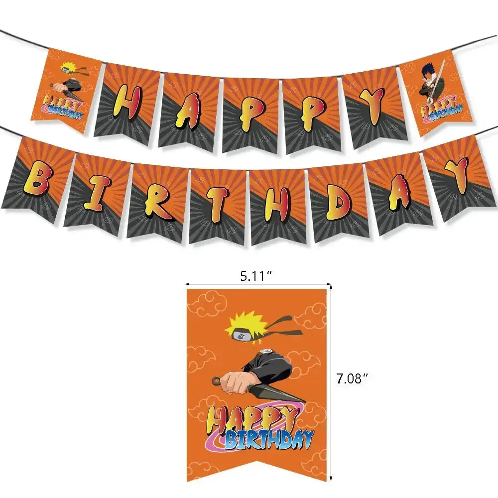 Orange and black happy birthday banner with naruto characters and bold gradient lettering in a naruto party supplies set