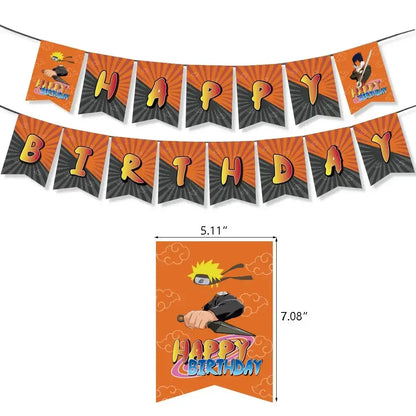 Orange and black happy birthday banner with naruto characters and bold gradient lettering in a naruto party supplies set