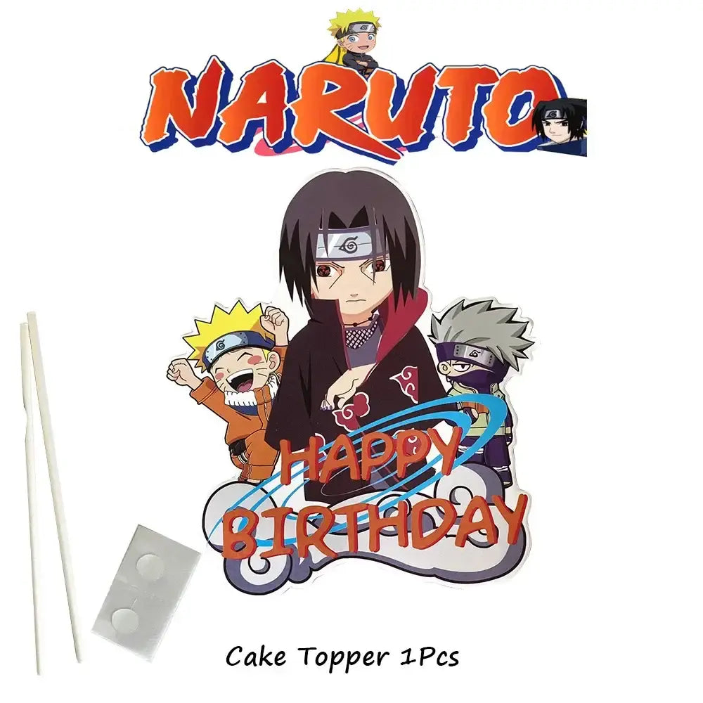 Naruto-themed birthday cake topper with vibrant colors and detailed designs for party supplies set use