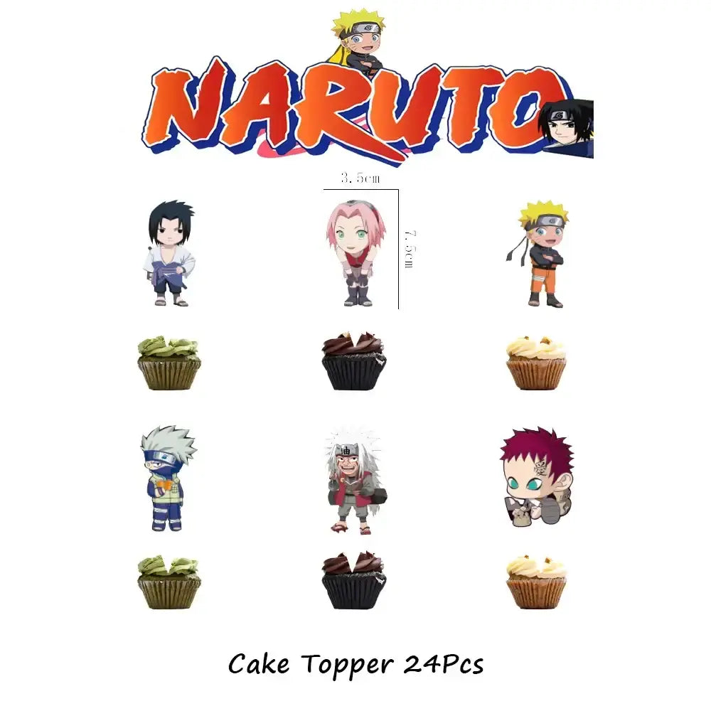 Naruto party supplies set featuring colorful chibi-style cake toppers for plates cups and napkins supplies set