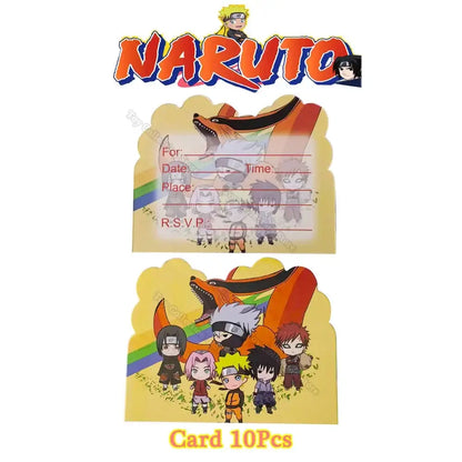 Naruto party supplies set featuring chibi-style invitation cards with rainbow design for themed celebrations