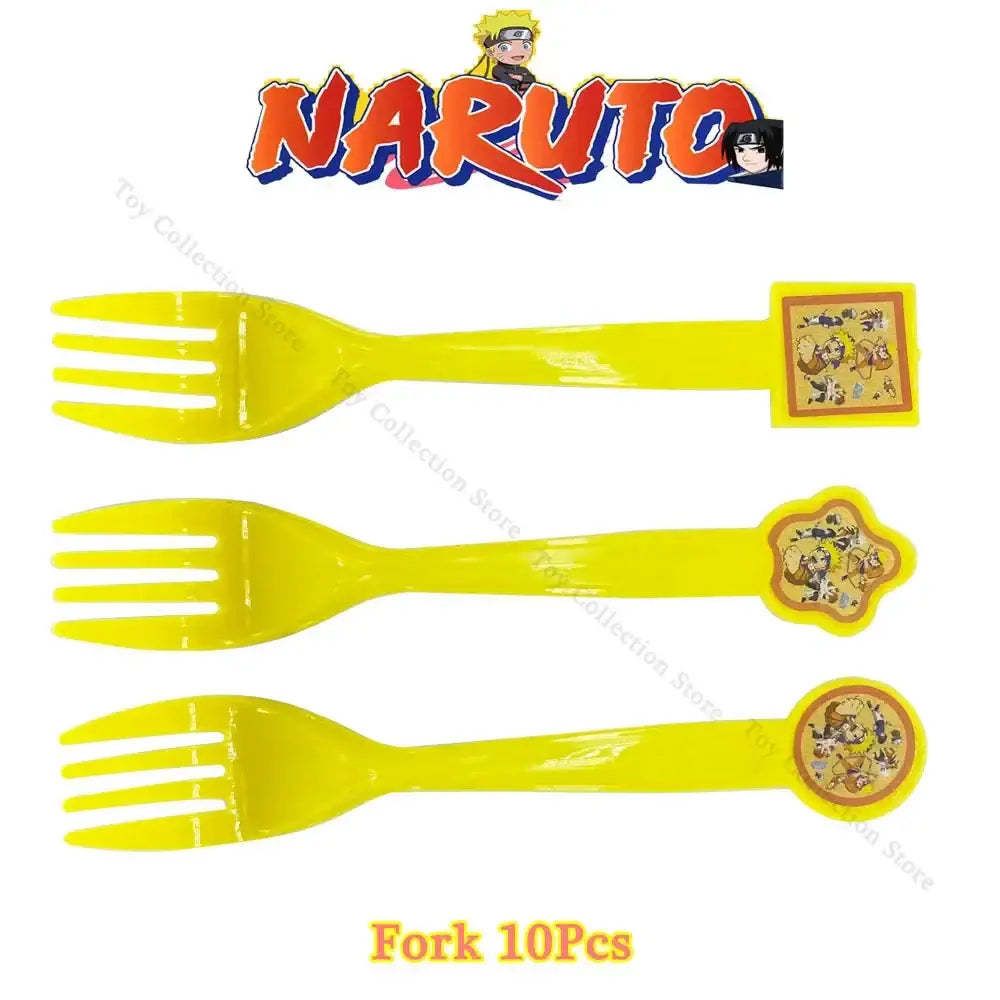 Bright yellow plastic forks with colorful naruto character handles from naruto party supplies set for kids parties