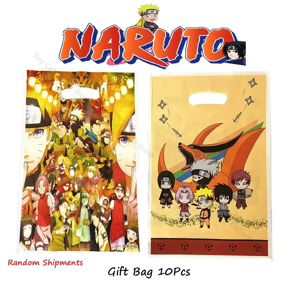 Naruto-themed gift bags with vibrant anime illustrations on glossy plastic as part of a party supplies set