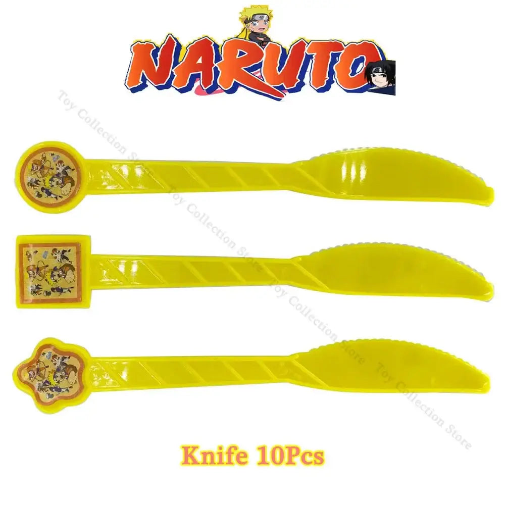 Bright yellow plastic knives with naruto-themed decorative handles from a naruto party supplies set