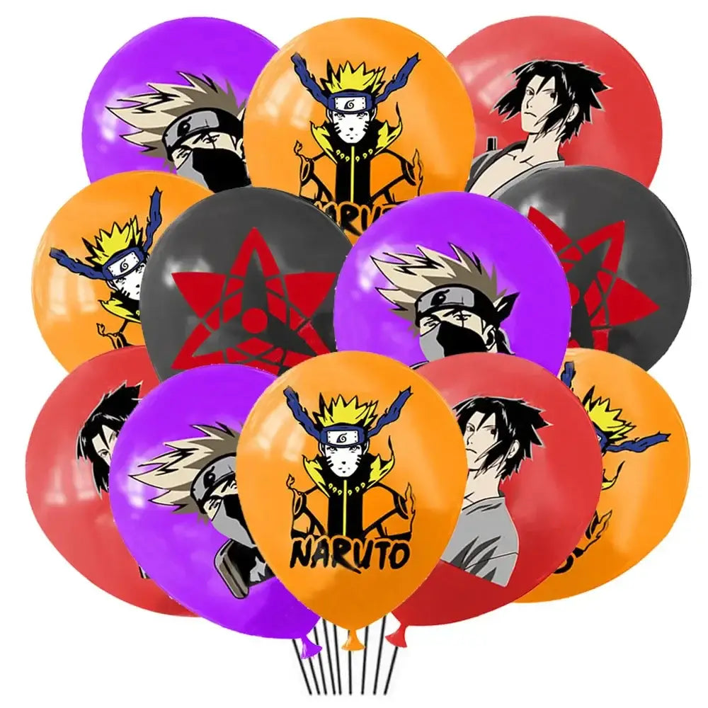 A vibrant naruto party supplies set featuring glossy orange purple red and black latex balloons with iconic character designs
