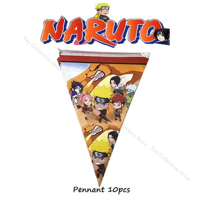 Naruto party supplies set triangular pennant with chibi characters on vibrant orange and brown background