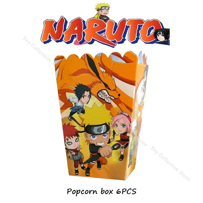 Orange and yellow naruto-themed popcorn box featuring sasuke sakura and nine-tailed fox for party supplies set