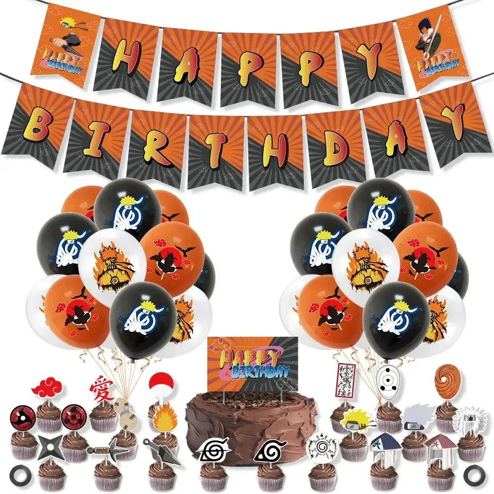 Orange and black naruto-themed birthday party supplies set banner with yellow lettering for festive decoration