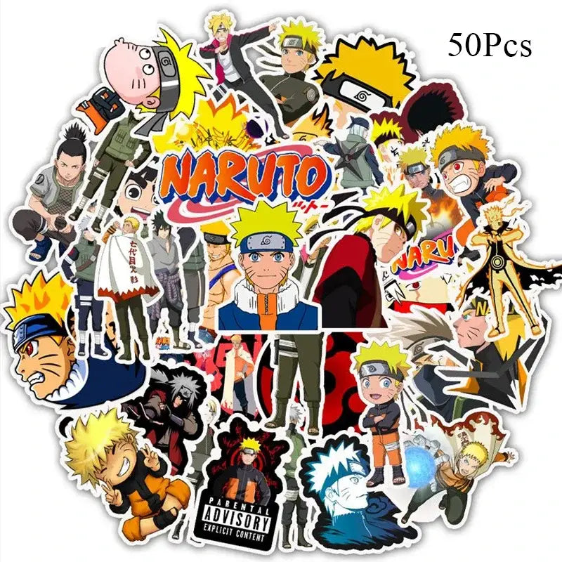 A naruto party supplies set featuring 50 vibrant character stickers and the iconic naruto logo for themed celebrations