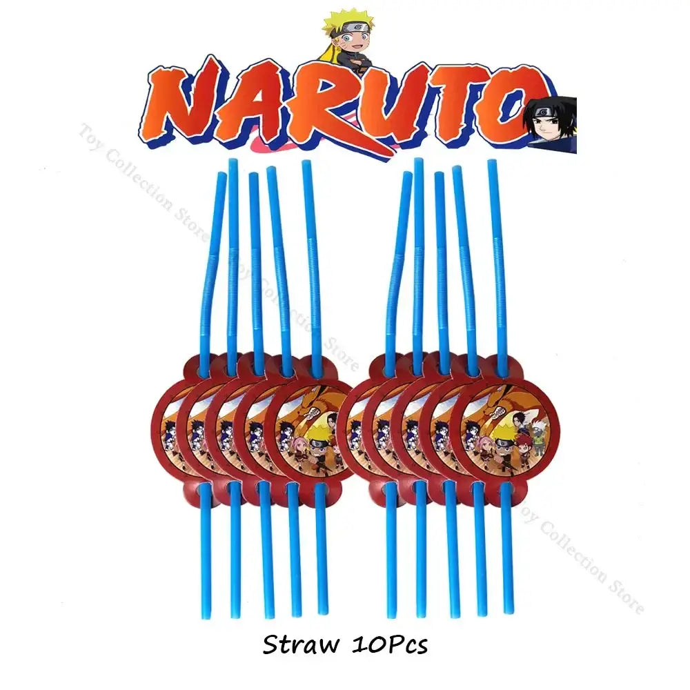 Blue naruto-themed straws with circular red bases featuring character illustrations in a party supplies set