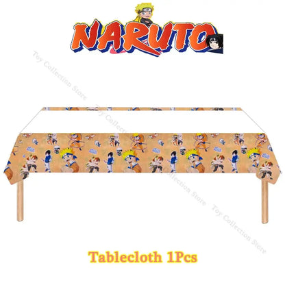Naruto party supplies set tablecloth with repeating character poses on orange background for themed celebrations