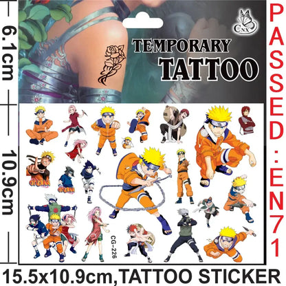 Naruto-themed temporary tattoo sticker sheet with vibrant orange and blue designs for party supplies set
