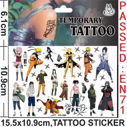 Temporary tattoo sticker sheet with black ink naruto characters and weapons on white backing for party supplies set