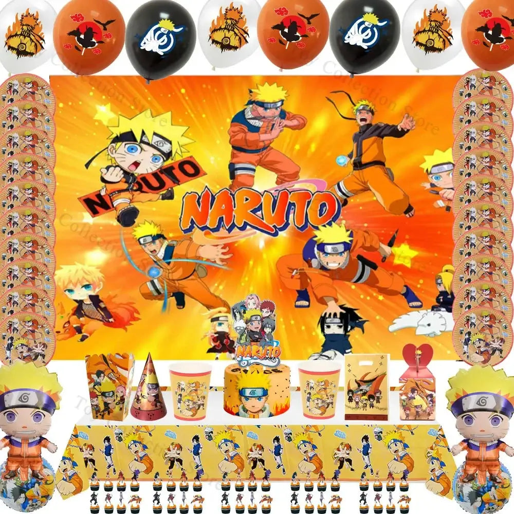 Naruto party supplies set with vibrant orange and black character designs on balloons, plates, cups, and napkins