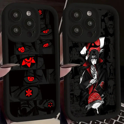 Black Naruto phone case with soft silicone back cover featuring red Sharingan eyes and Akatsuki cloak design on back side