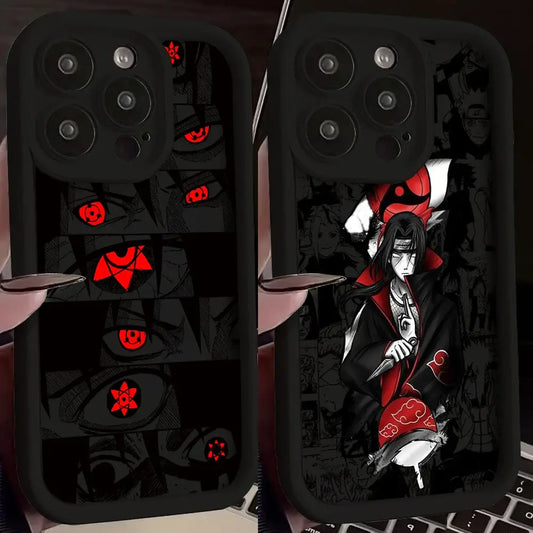 Black Naruto phone case with soft silicone back cover featuring red Sharingan eyes and Akatsuki cloak design on back side