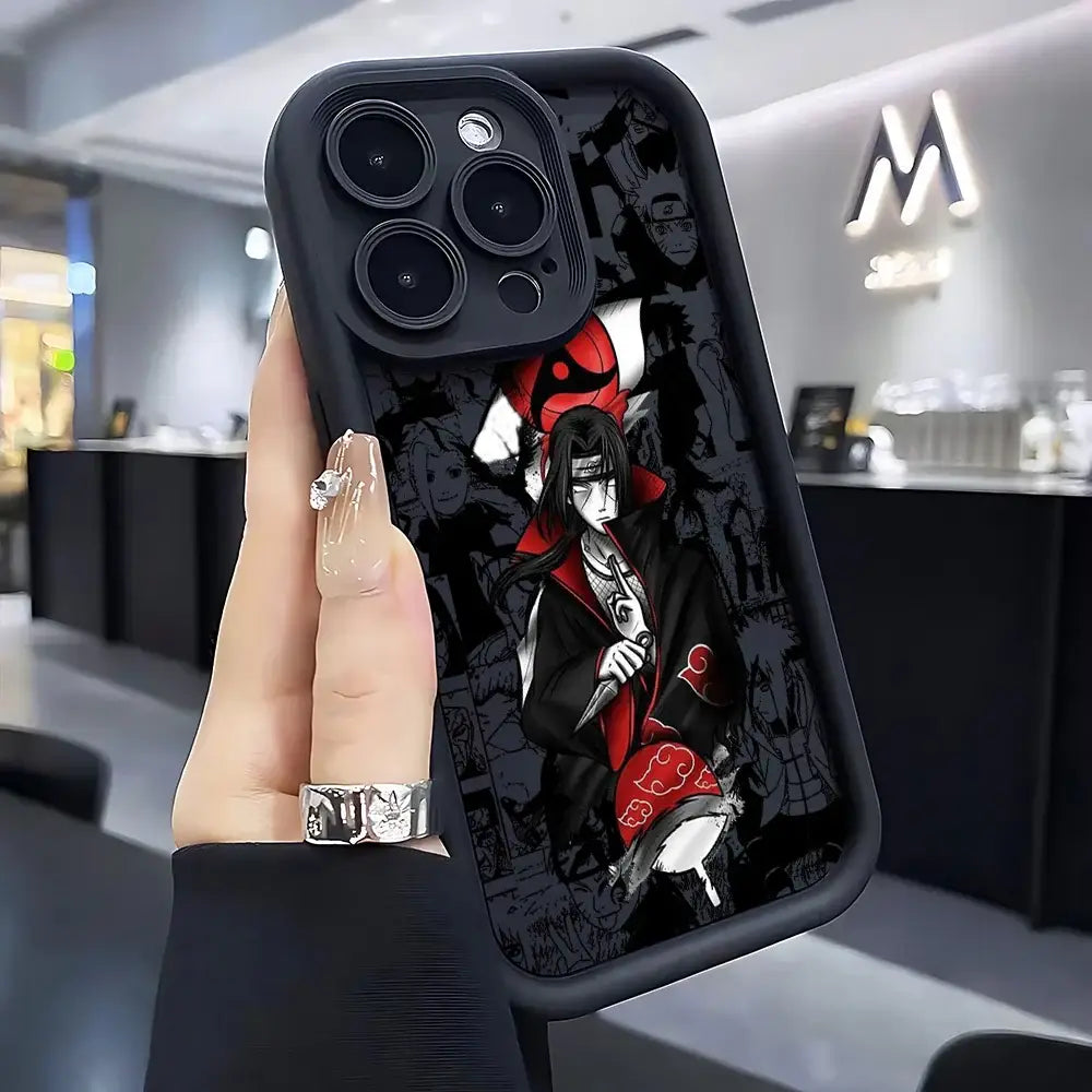 Black soft silicone naruto phone case showing detailed anime character in red and black with cloud motifs on back side