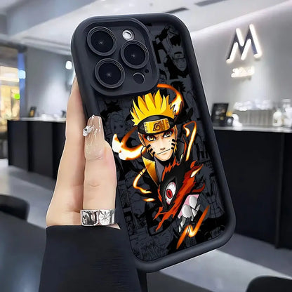 Black soft silicone phone case featuring vibrant naruto uzumaki in nine-tails chakra mode on the back side