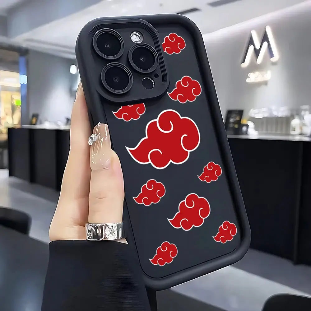 Back view of black soft silicone phone case with red naruto series cloud motifs for protection and style